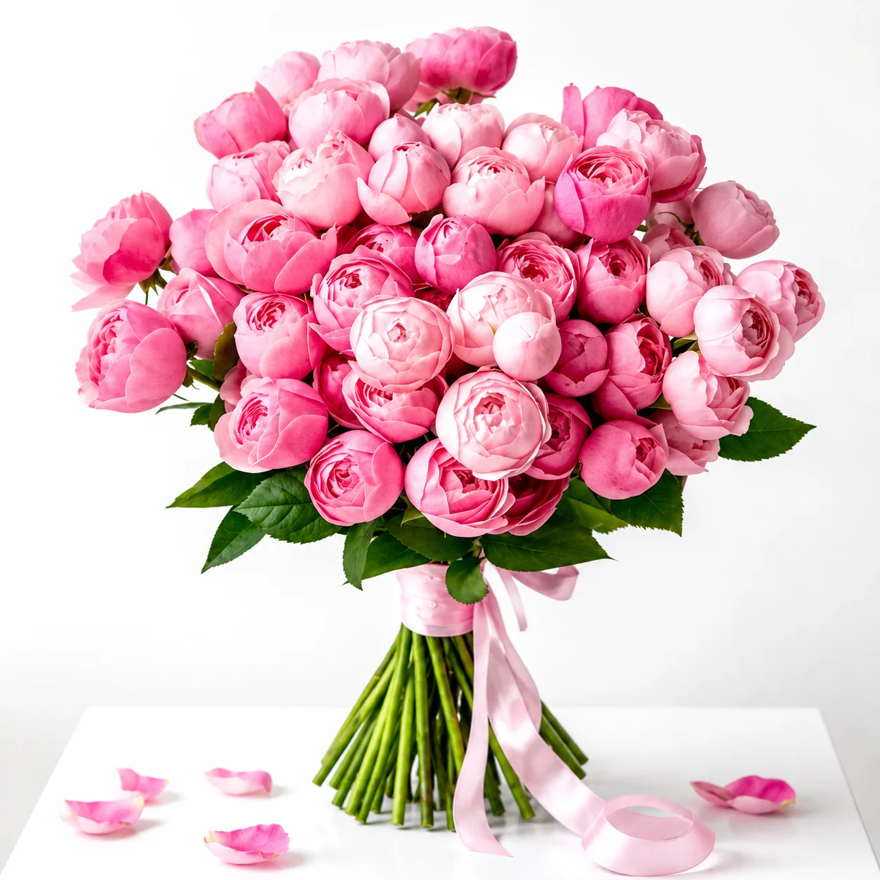 Royal Blush 21 Peony Rose Bouquet featuring 21 premium pink peony roses wrapped elegantly for anniversaries, birthdays, and romantic gifts.